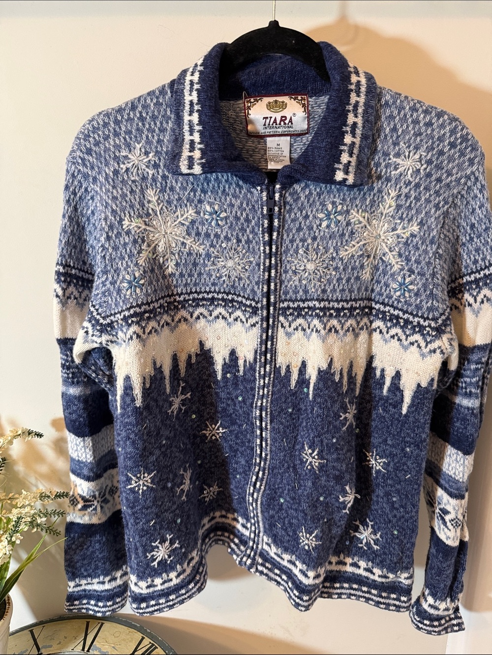 Tiara Heirloom collection Navy and Cream Nordic Snowflake Zip-Up Sweater